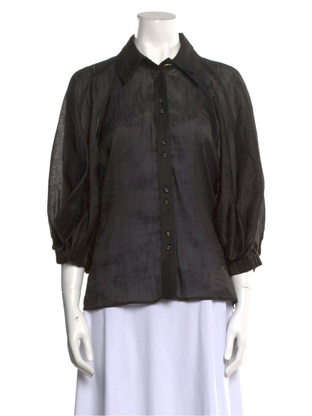 Aje Sheer Black Button-Front Puff Sleeve Blouse